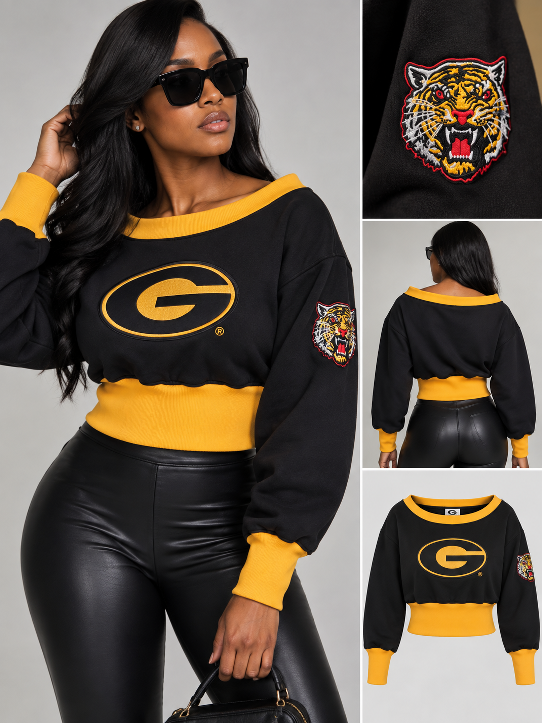 Grambling State University Embroidered Patch Off-Shoulder Cropped Sweatshirt Black
