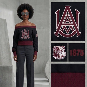 Alabama A&M University Embroidered Patch Off-Shoulder Cropped Sweatshirt Black Winters Industries