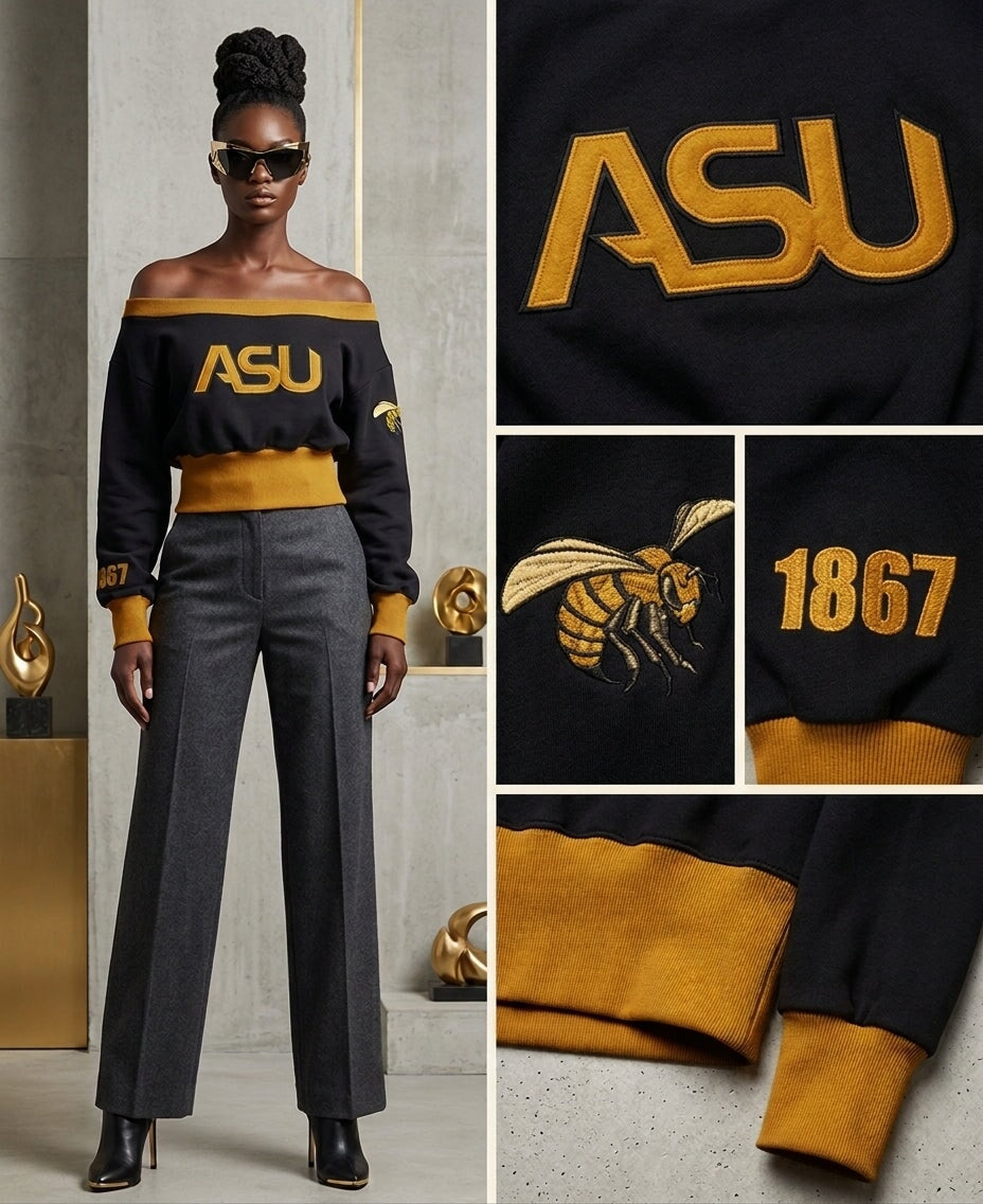 Alabama State University Embroidered Patch Off-Shoulder Cropped Sweatshirt Black Winters Industries