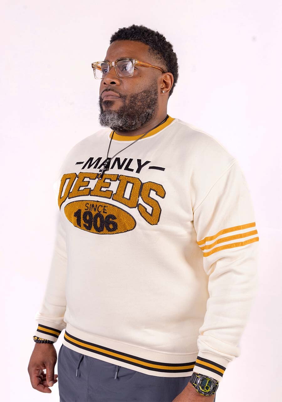 Alpha Phi Alpha "MANLY DEEDS" Chenille Sweater Cream