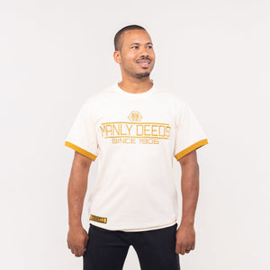 Alpha Phi Alpha "MANLY DEEDS" Embroidered Tee Cream Winters Industries by Fully Promoted Mesquite
