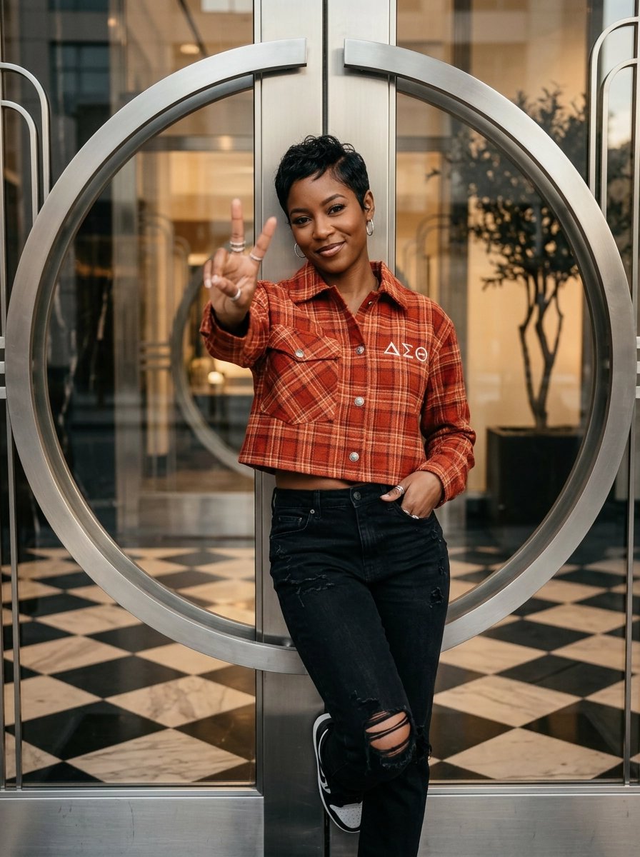 Delta Sigma Theta Cropped Crimson and Cream Plaid Shirt Jacket Winters Industries