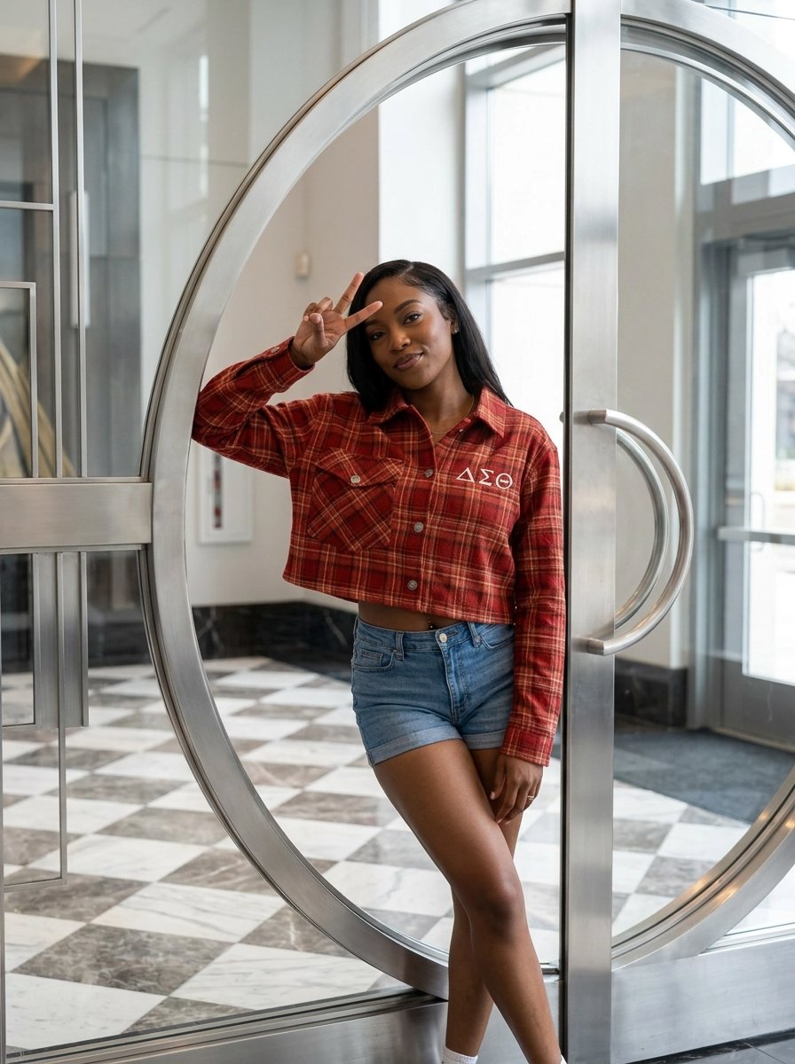 Delta Sigma Theta Cropped Crimson and Cream Plaid Shirt Jacket Winters Industries