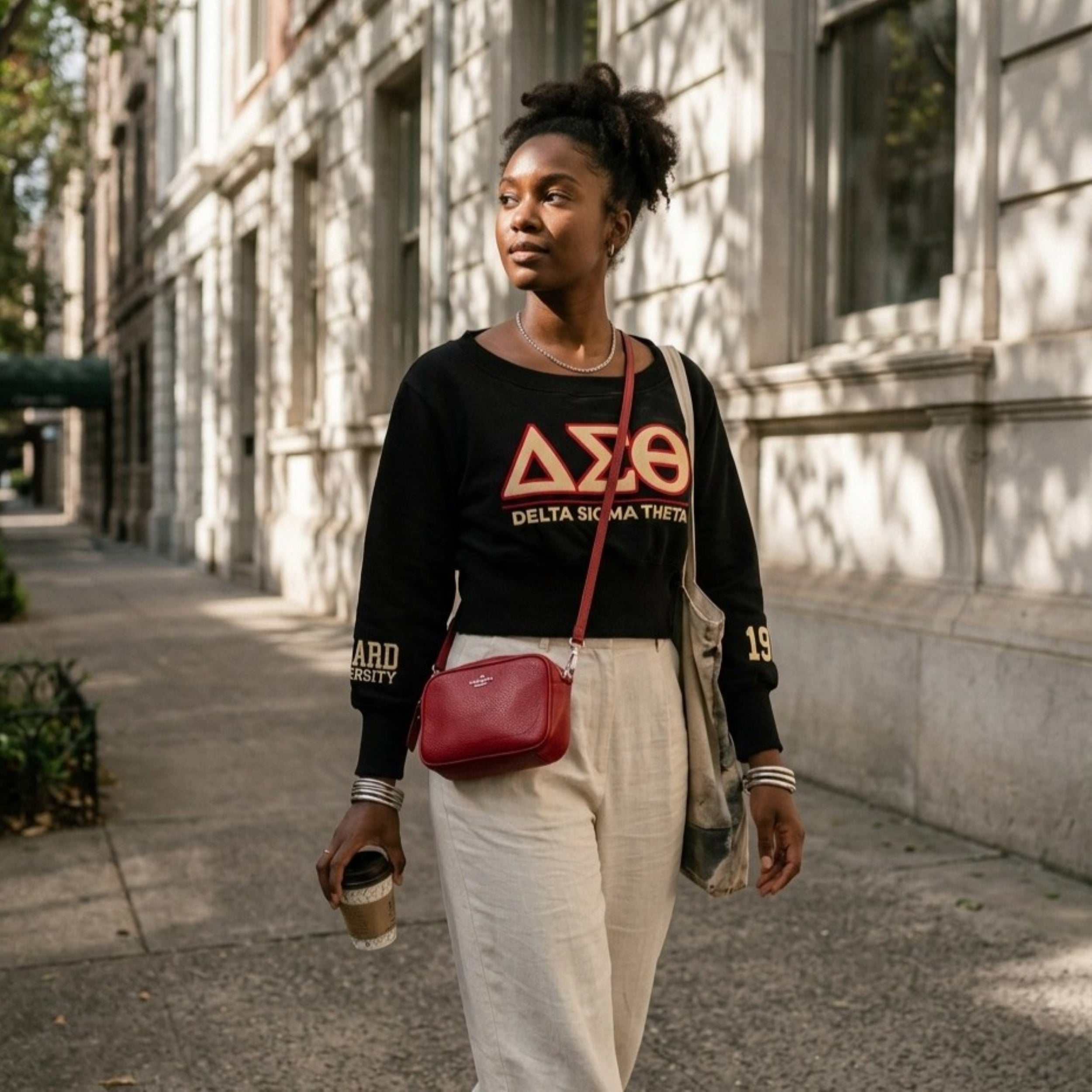 Delta Sigma Theta Embroidered Patch Off-Shoulder Cropped Sweatshirt Black