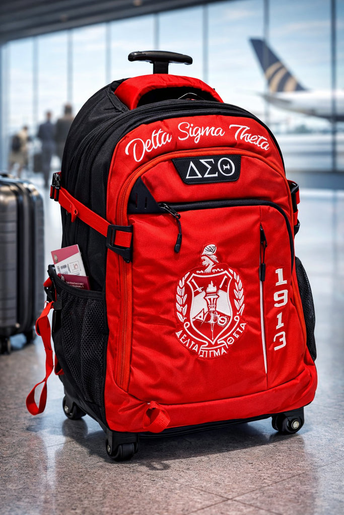 delta sigma theta leather backpack Delta Sigma Theta Embroidered Backpack/Trolley Bag