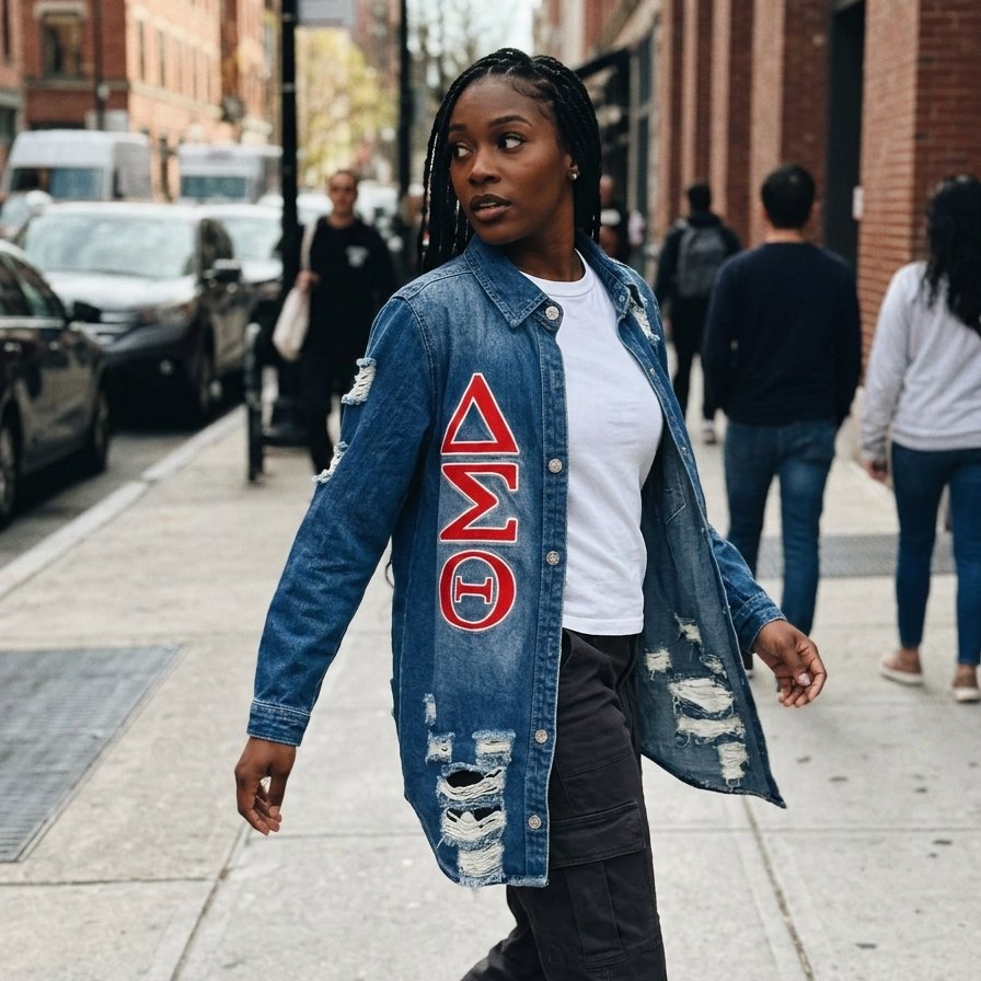 Delta Sigma Theta Embroidered Distressed Denim Jacket Winters Industries
