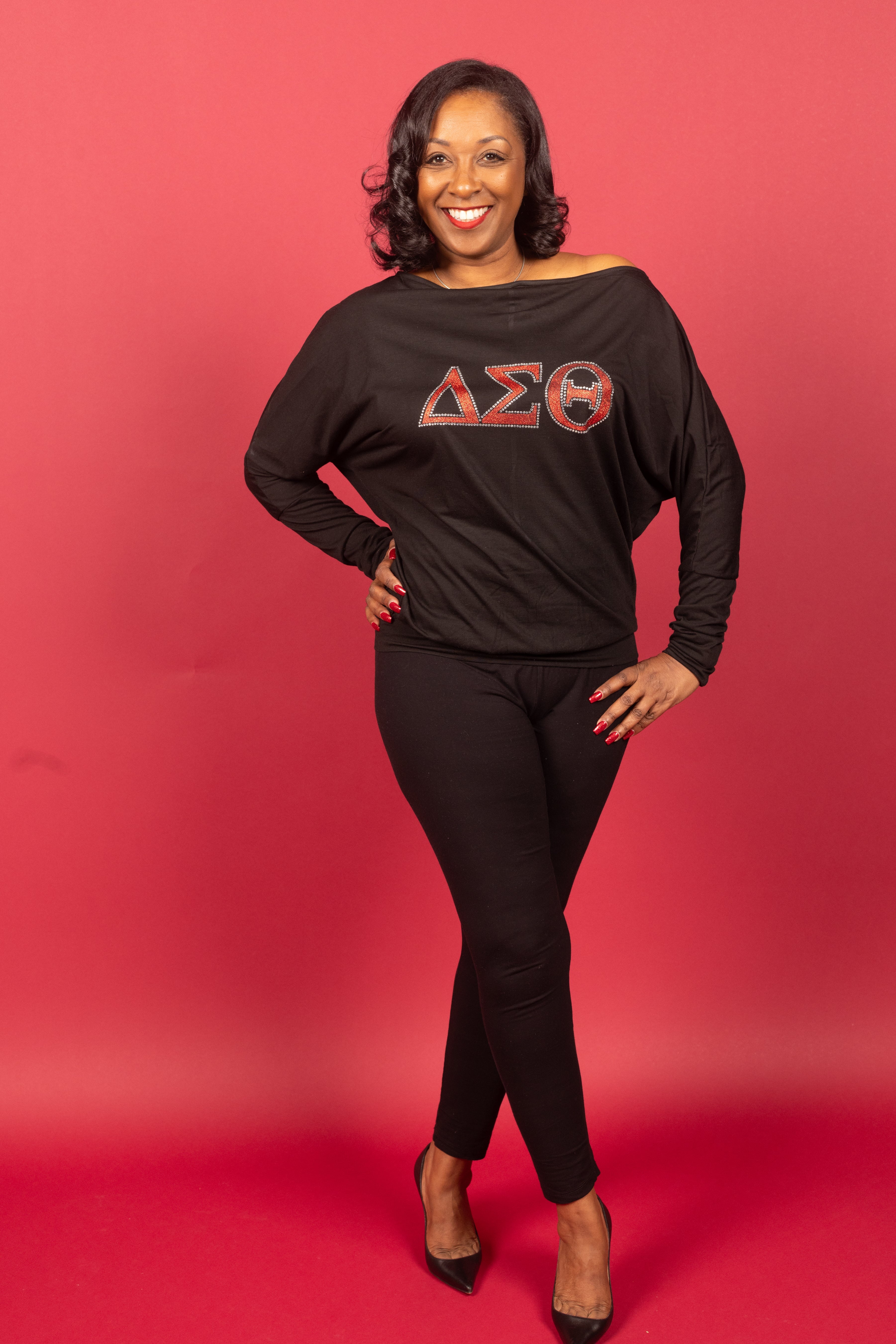 Delta Sigma Theta letters long sleeve off shoulder glitter t-shirt