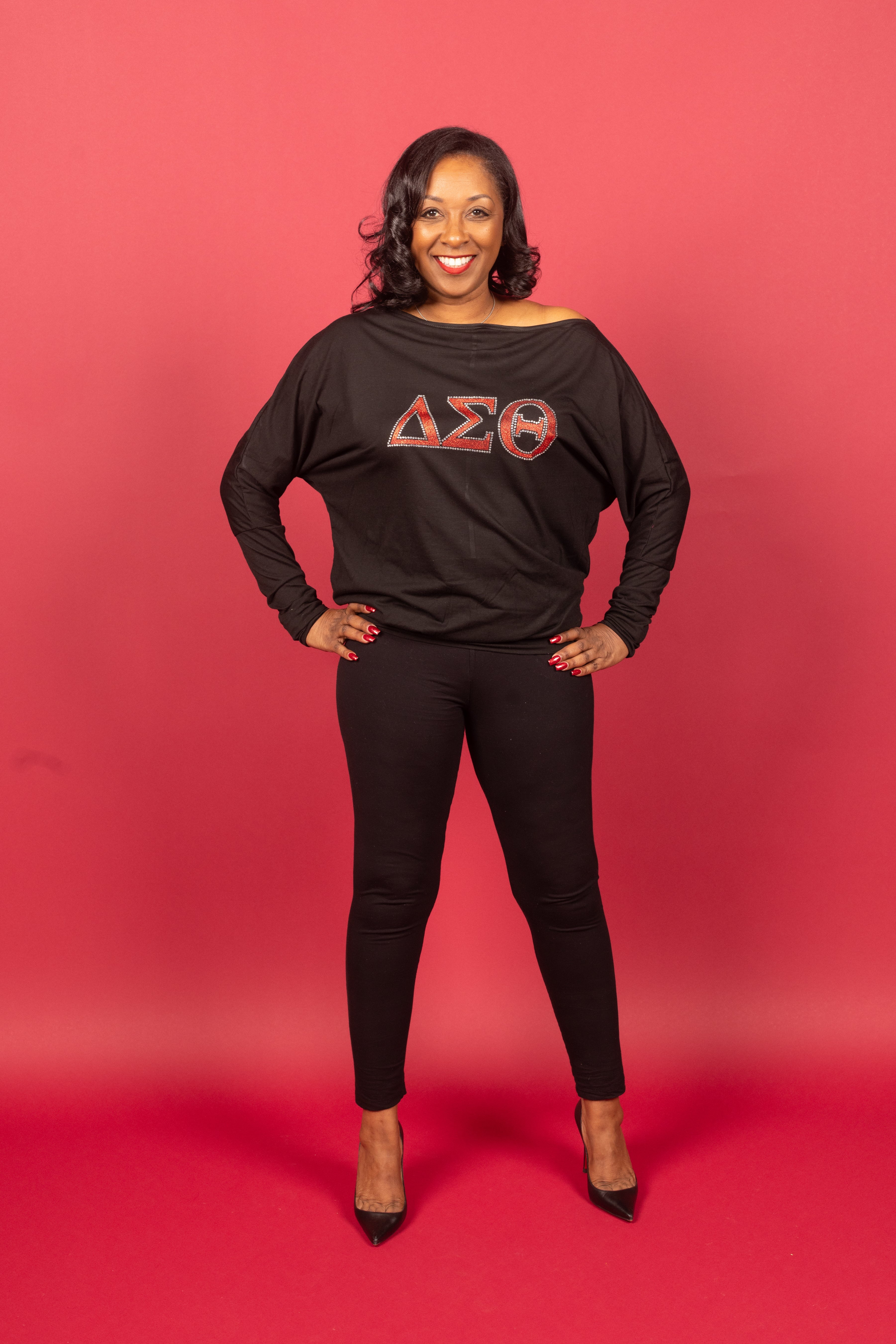 Delta Sigma Theta letters long sleeve off shoulder glitter t-shirt