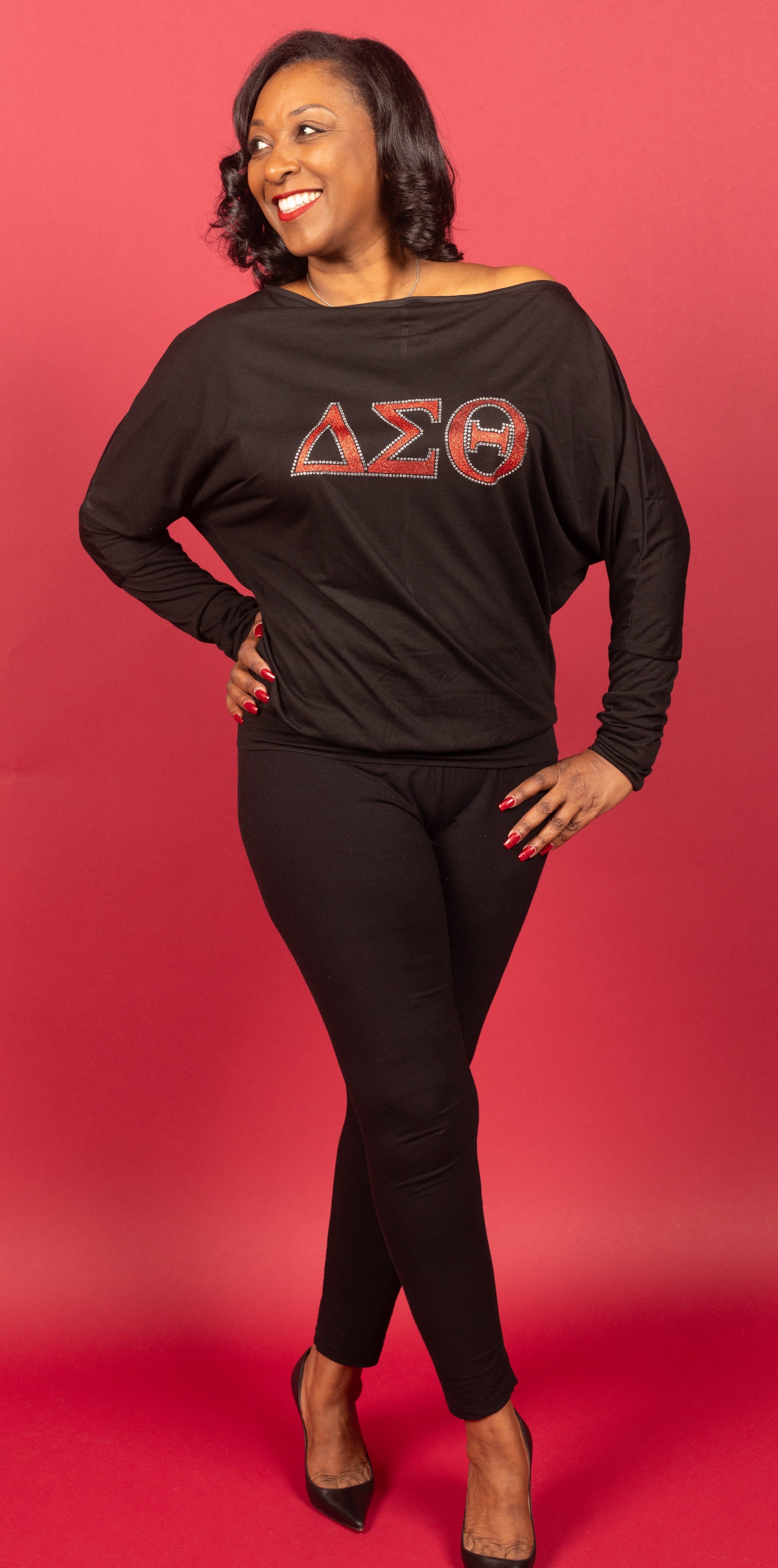 Delta Sigma Theta letters long sleeve off shoulder glitter t-shirt