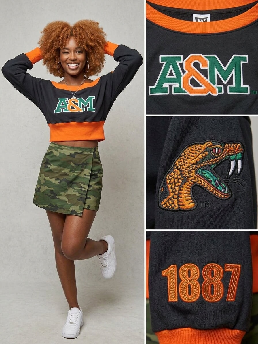 Florida A&M Embroidered Patch Off-Shoulder Cropped Sweatshirt Black Winters Industries