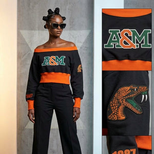 Florida A&M Embroidered Patch Off-Shoulder Cropped Sweatshirt Black Winters Industries