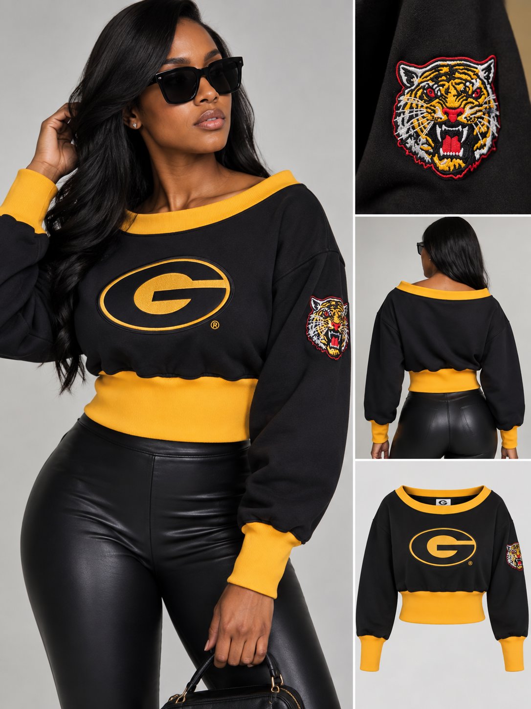 Grambling State University Embroidered Patch Off-Shoulder Cropped Sweatshirt Black Winters Industries