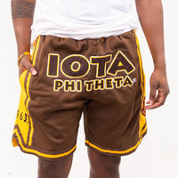 Iota Phi Theta Embroidered Brown Shorts with Gold Stripes Shorts Winters Industries