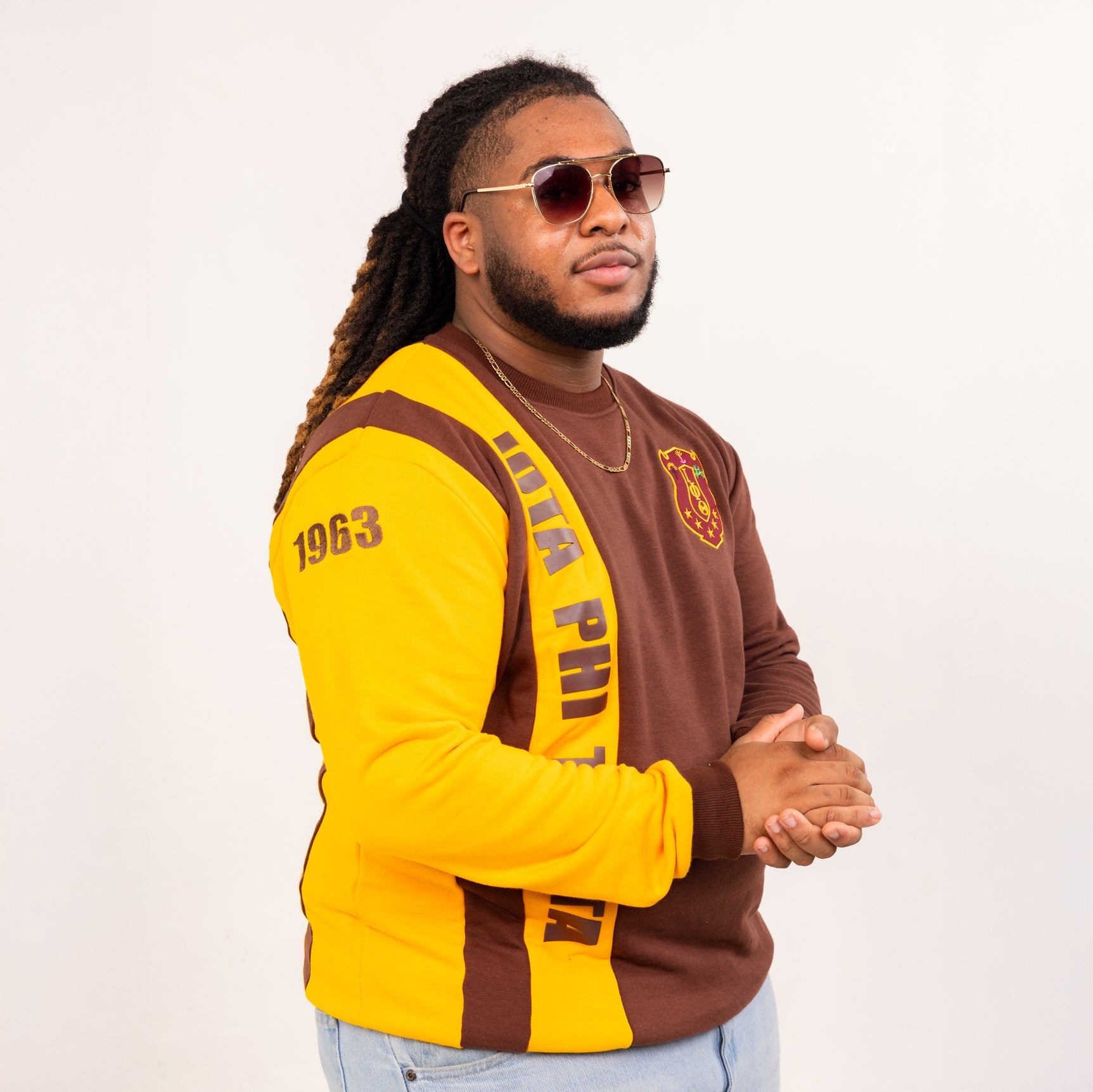 Iota Phi Theta Striped Sweater with Shield Winters Industries by Fully Promoted Mesquite