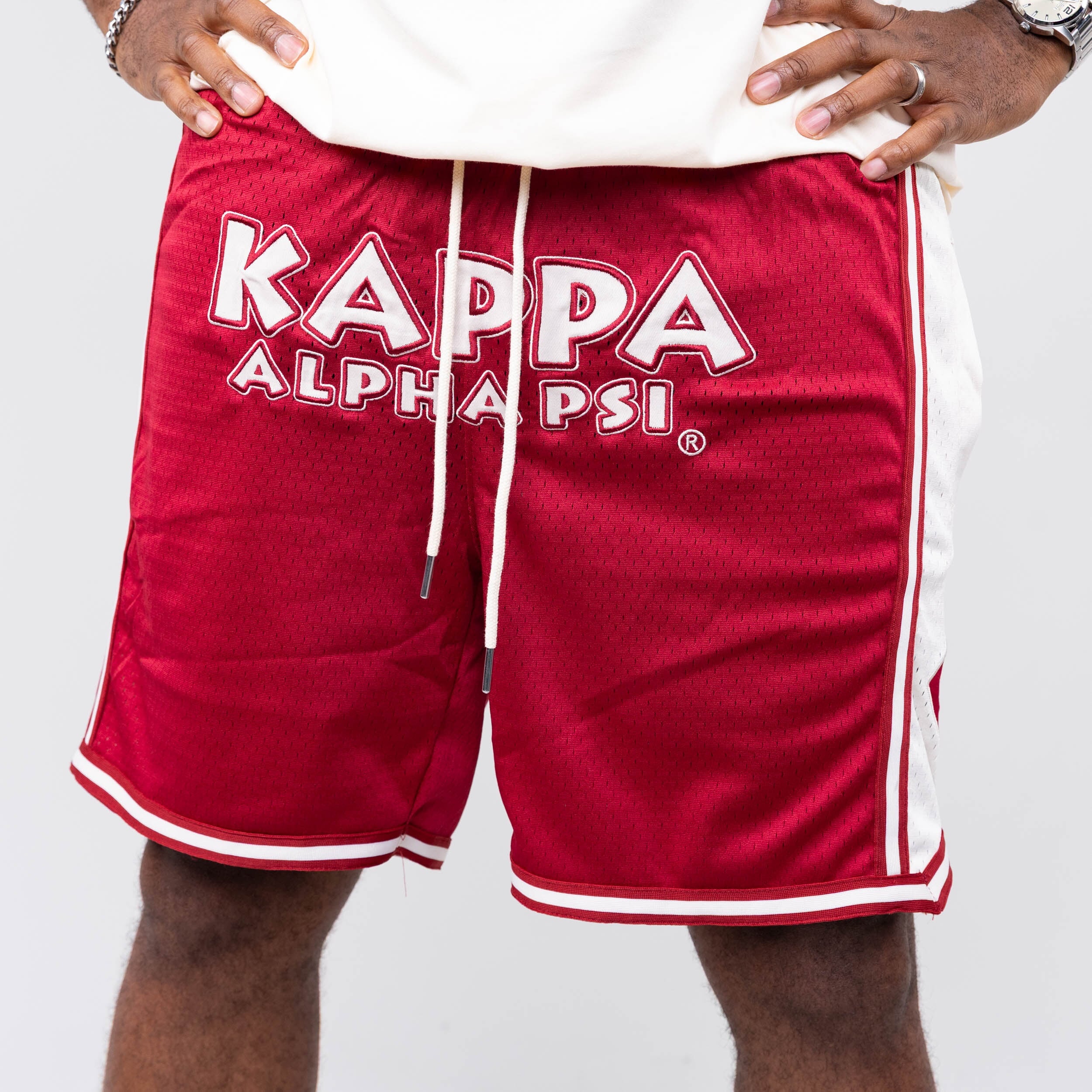 Kappa Alpha Psi Embroidered Crimson Shorts with Cream Stripes Shorts Winters Industries