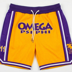 Omega Psi Phi Embroidered Gold Shorts with Purple Stripes shorts Winters Industries
