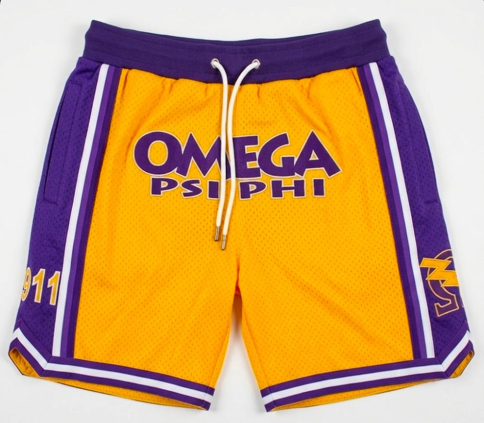 Omega Psi Phi Embroidered Gold Shorts with Purple Stripes shorts Winters Industries