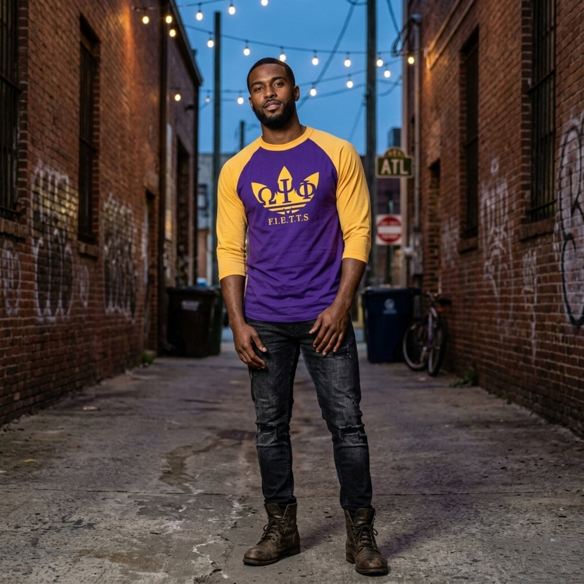 Omega Psi Phi FIETTS Purple and Gold Shirt Winters Industries by Fully Promoted Mesquite S Raglan