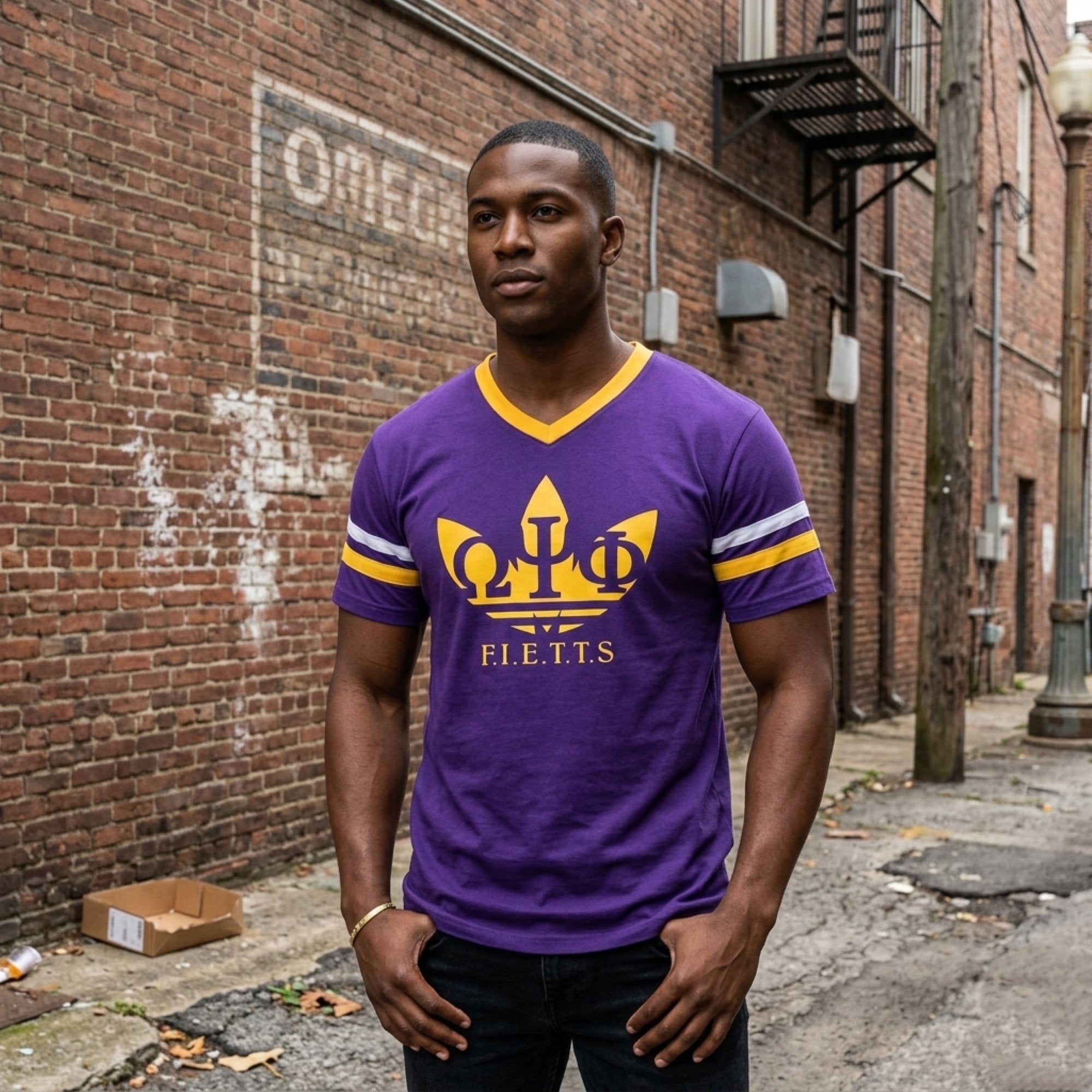 Omega Psi Phi FIETTS Purple and Gold Shirt Winters Industries by Fully Promoted Mesquite S V-Neck w/ Stripes