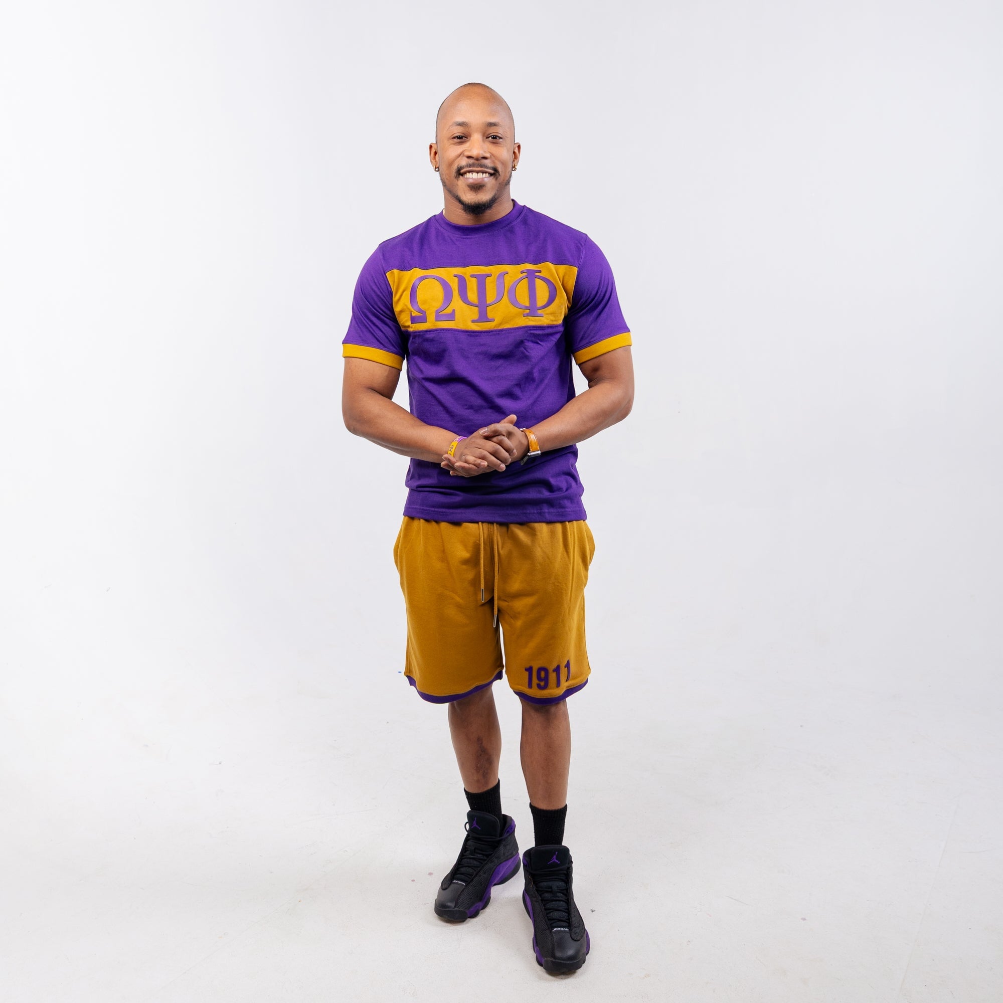 Omega Psi Phi Purple and Gold Color Block Short Set Winters Industries