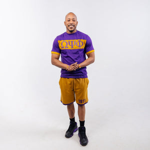 Omega Psi Phi Purple and Gold Color Block Short Set Winters Industries