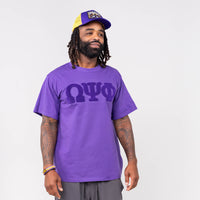 Omega Psi Phi Purple on Purple Letters Brush Embroidery Tee Winters Industries