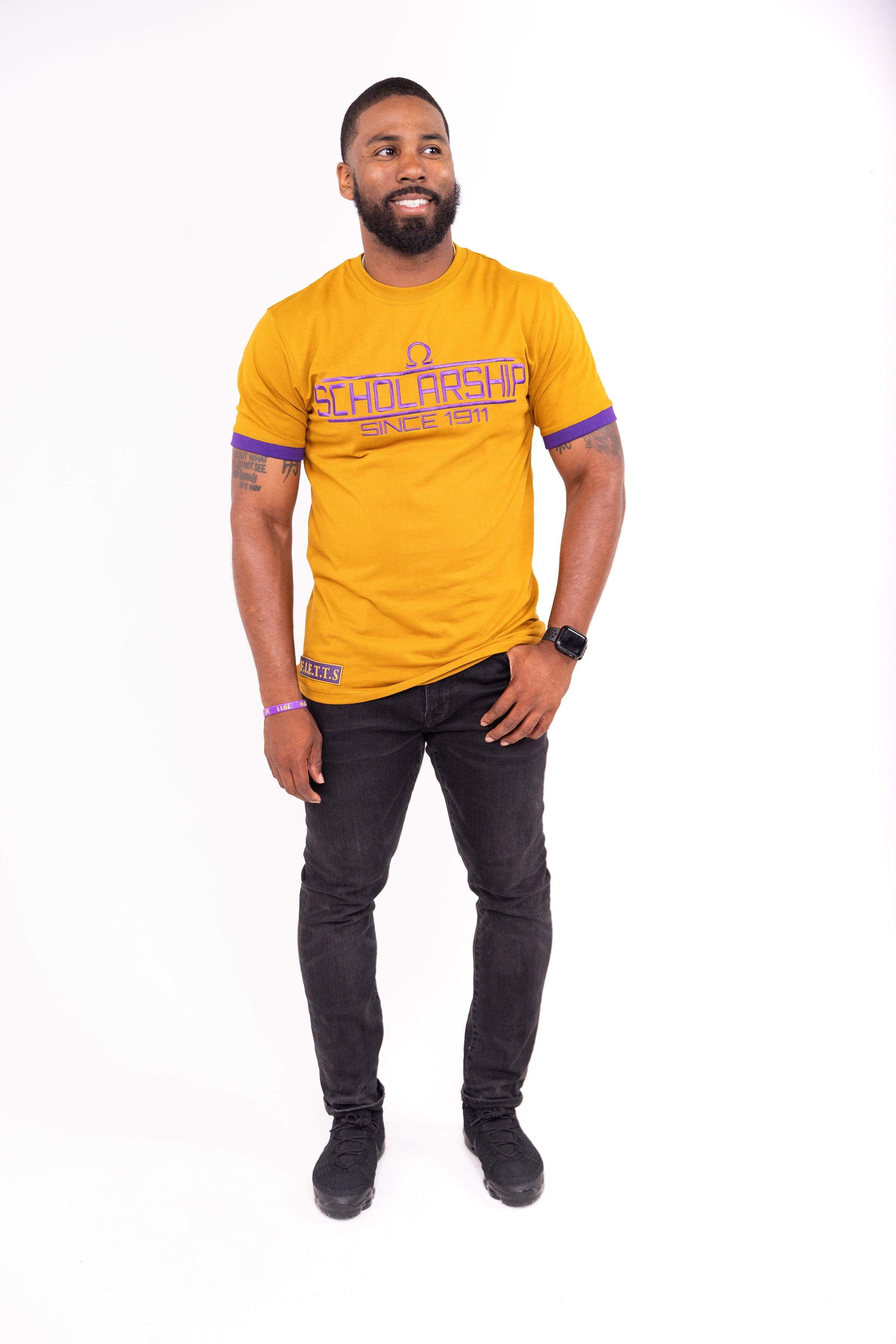 Omega Psi Phi "SCHOLARSHIP" Embroidered Tee Gold