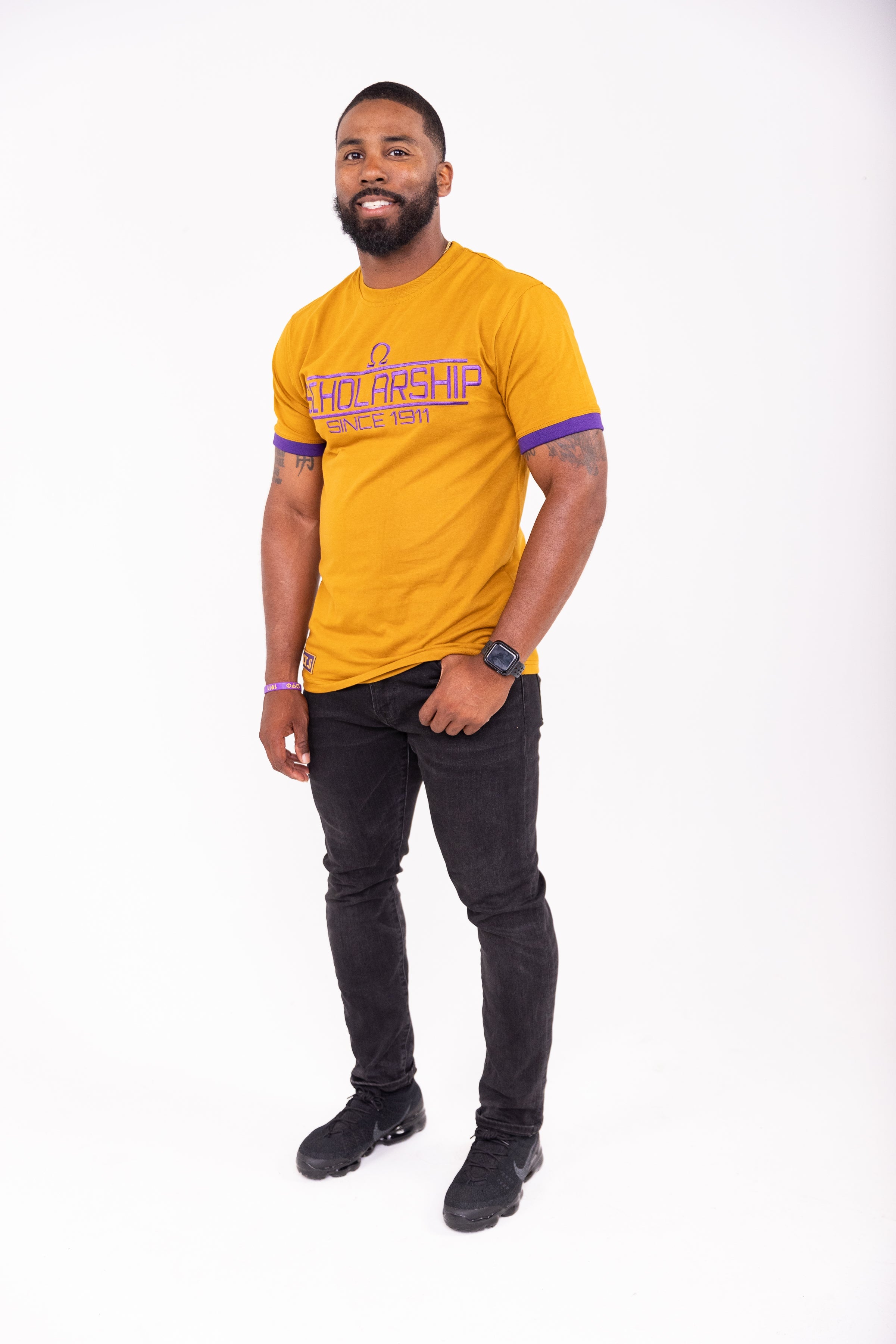 Omega Psi Phi "SCHOLARSHIP" Embroidered Tee Gold