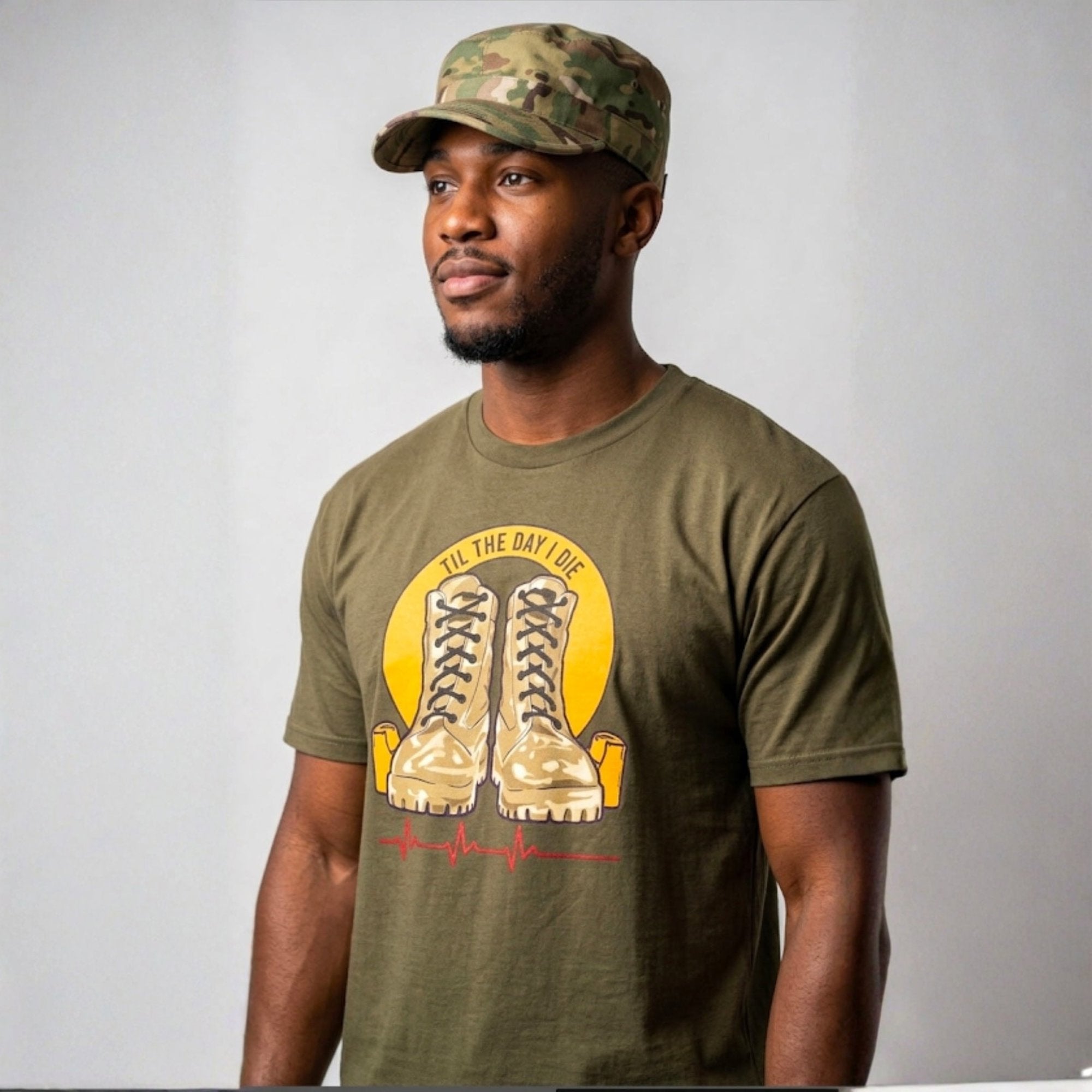 Omega Psi Phi 'Til The Day I Die Tee with "Gold Boots" and Purple Strings GREEN Winters Industries