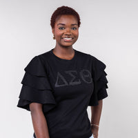 PREORDER ONLY Delta Sigma Theta Letters Ruffle Blouse with Bling BLACK Winters Industries