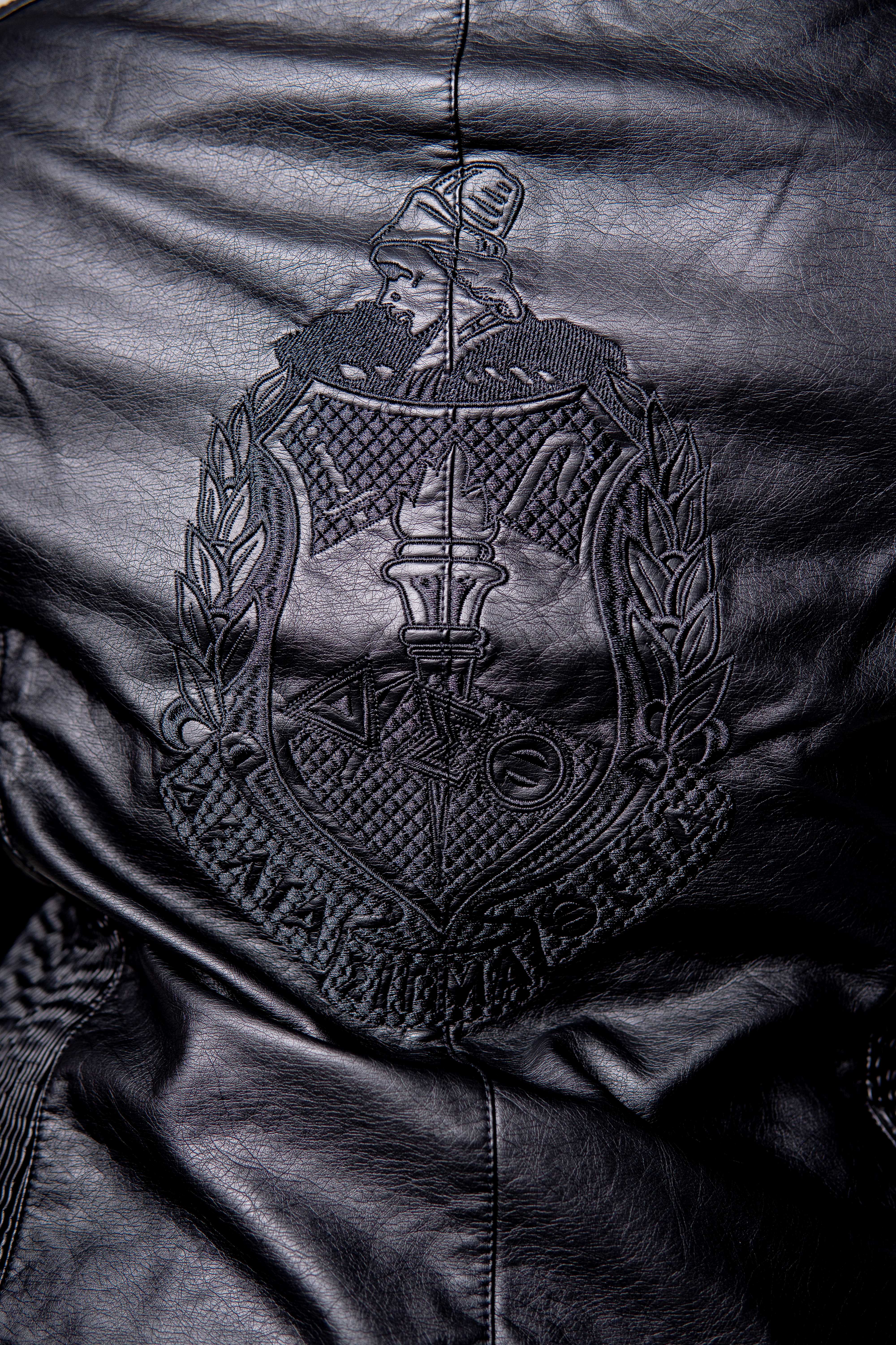 PU Leather Embroidered Delta Jacket (Black)