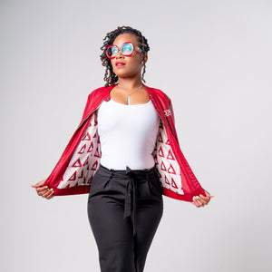 PU Leather Embroidered Delta Jacket (Crimson)