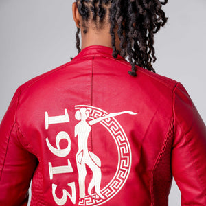PU Leather Embroidered Delta Jacket (Crimson)