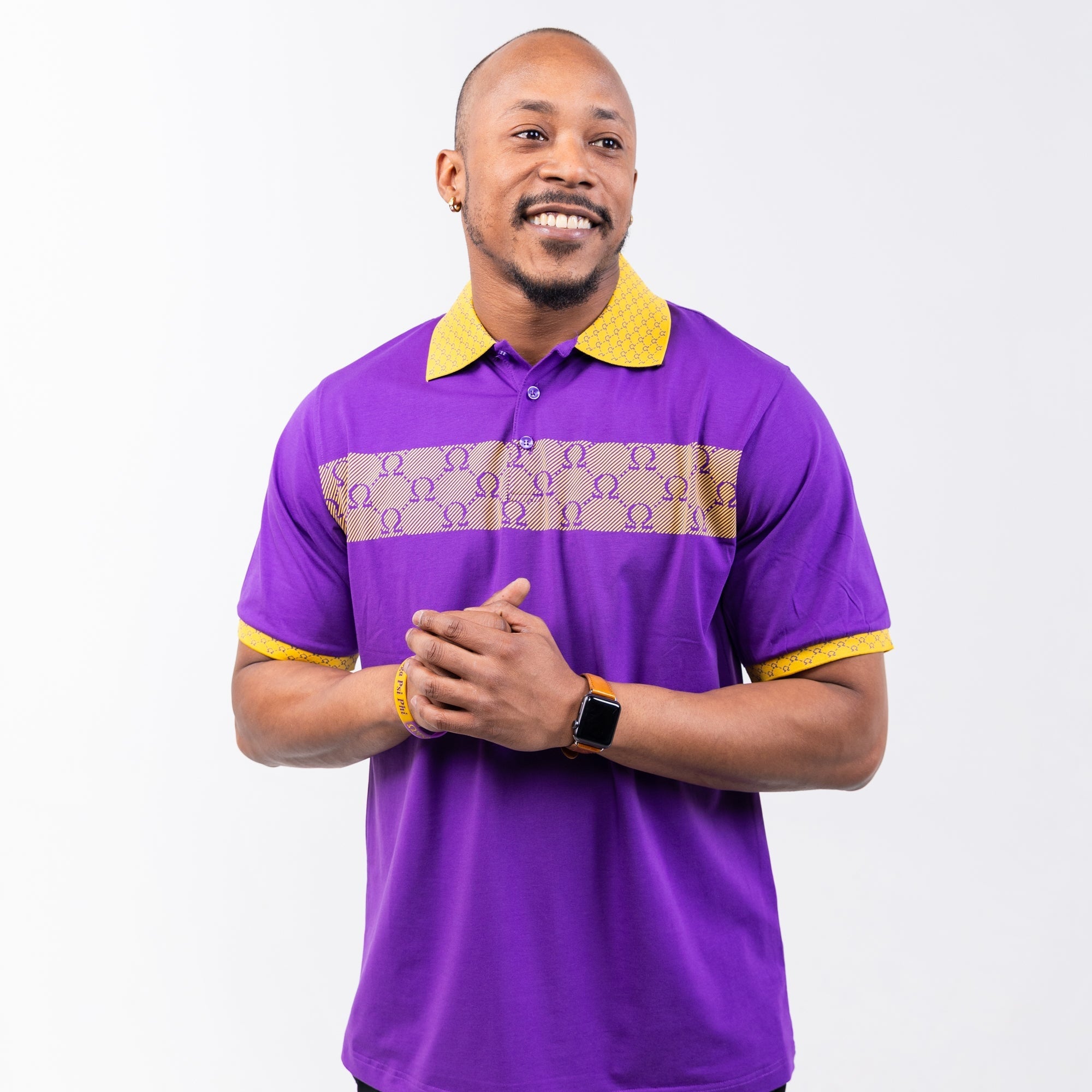 Purple Omega Psi Phi polo with gold collar Winters Industries