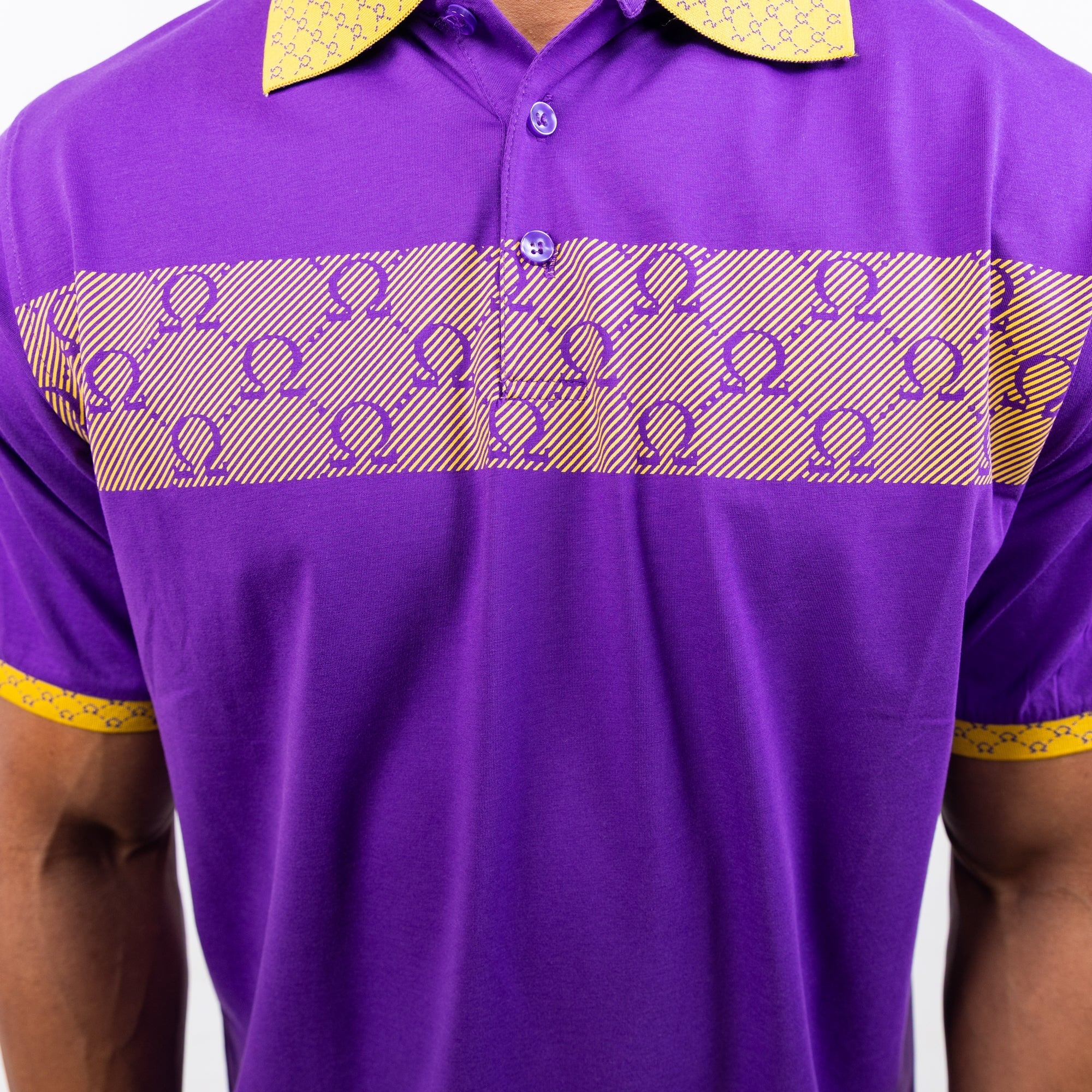 Purple Omega Psi Phi polo with gold collar Winters Industries