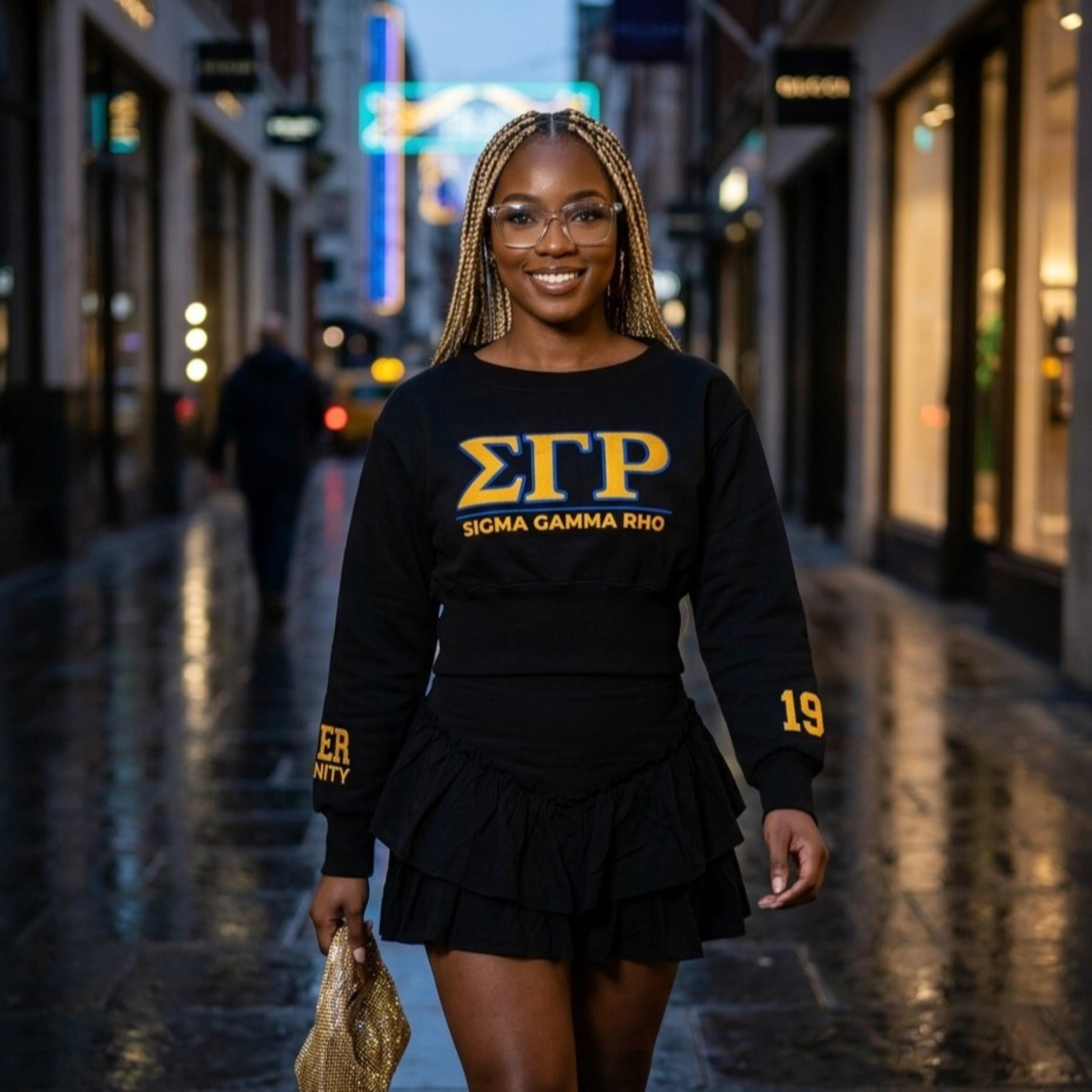 Sigma Gamma Rho Embroidered Patch Off-Shoulder Cropped Sweatshirt Black