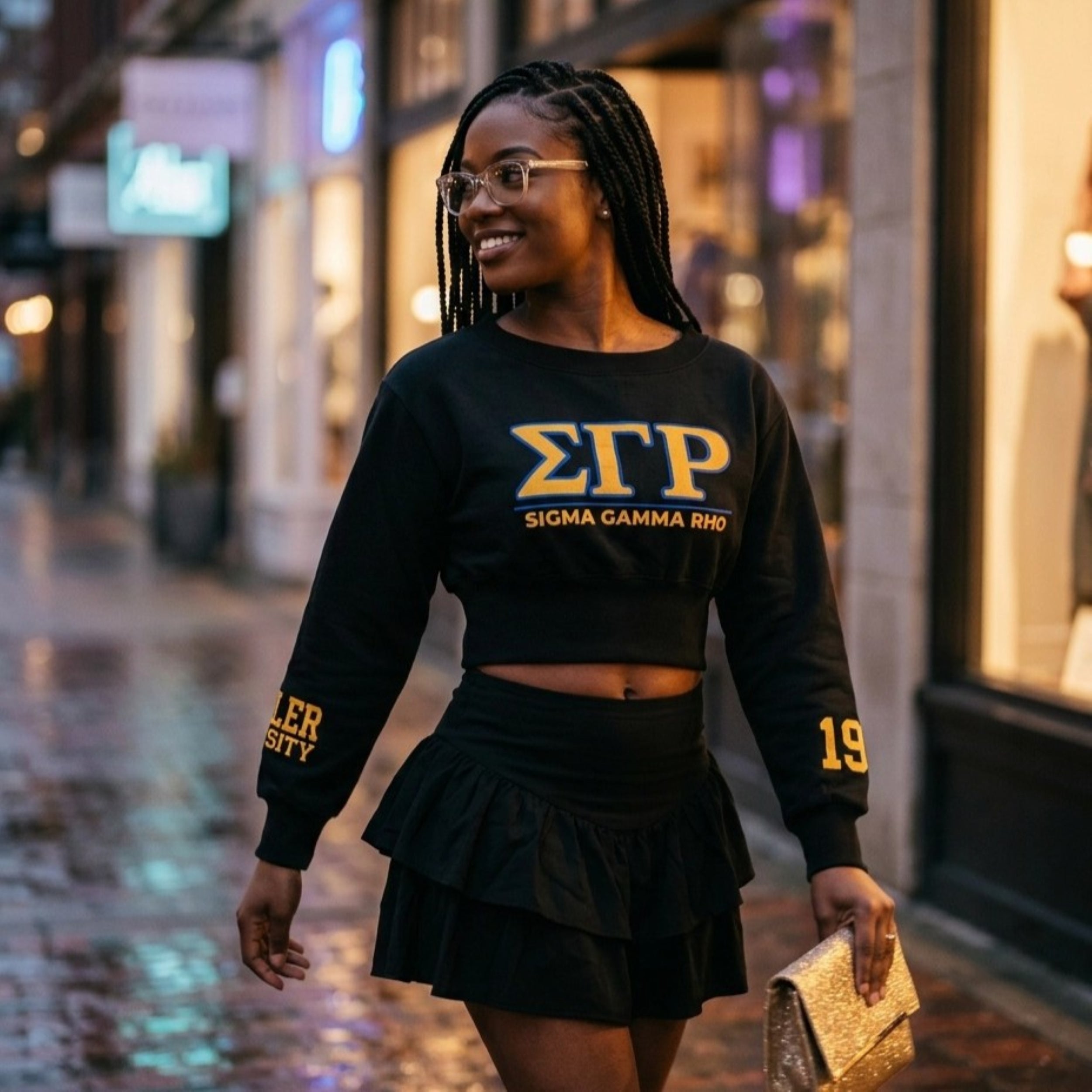 Sigma Gamma Rho Embroidered Patch Off-Shoulder Cropped Sweatshirt Black