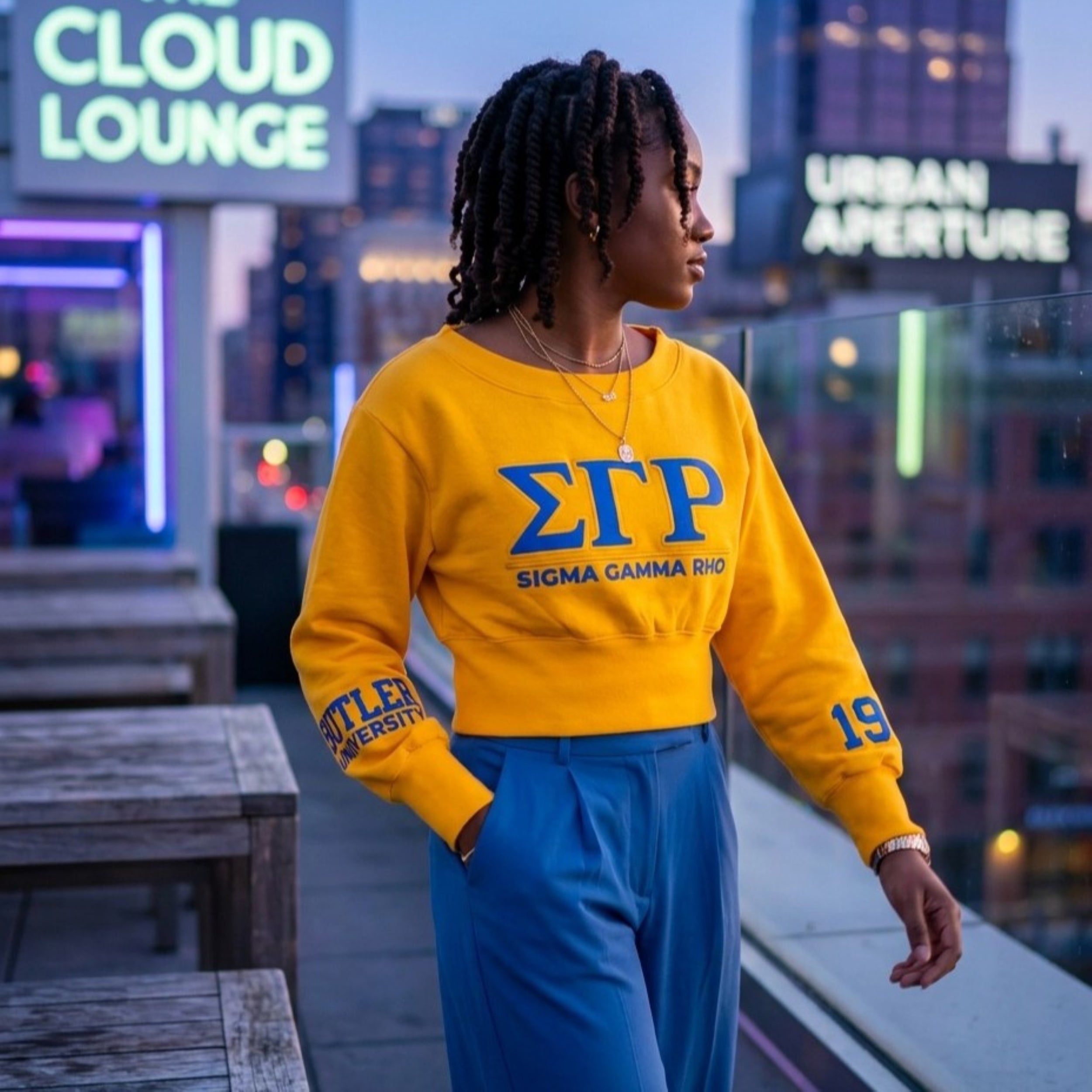 Sigma Gamma Rho Embroidered Patch Off-Shoulder Cropped Sweatshirt Gold