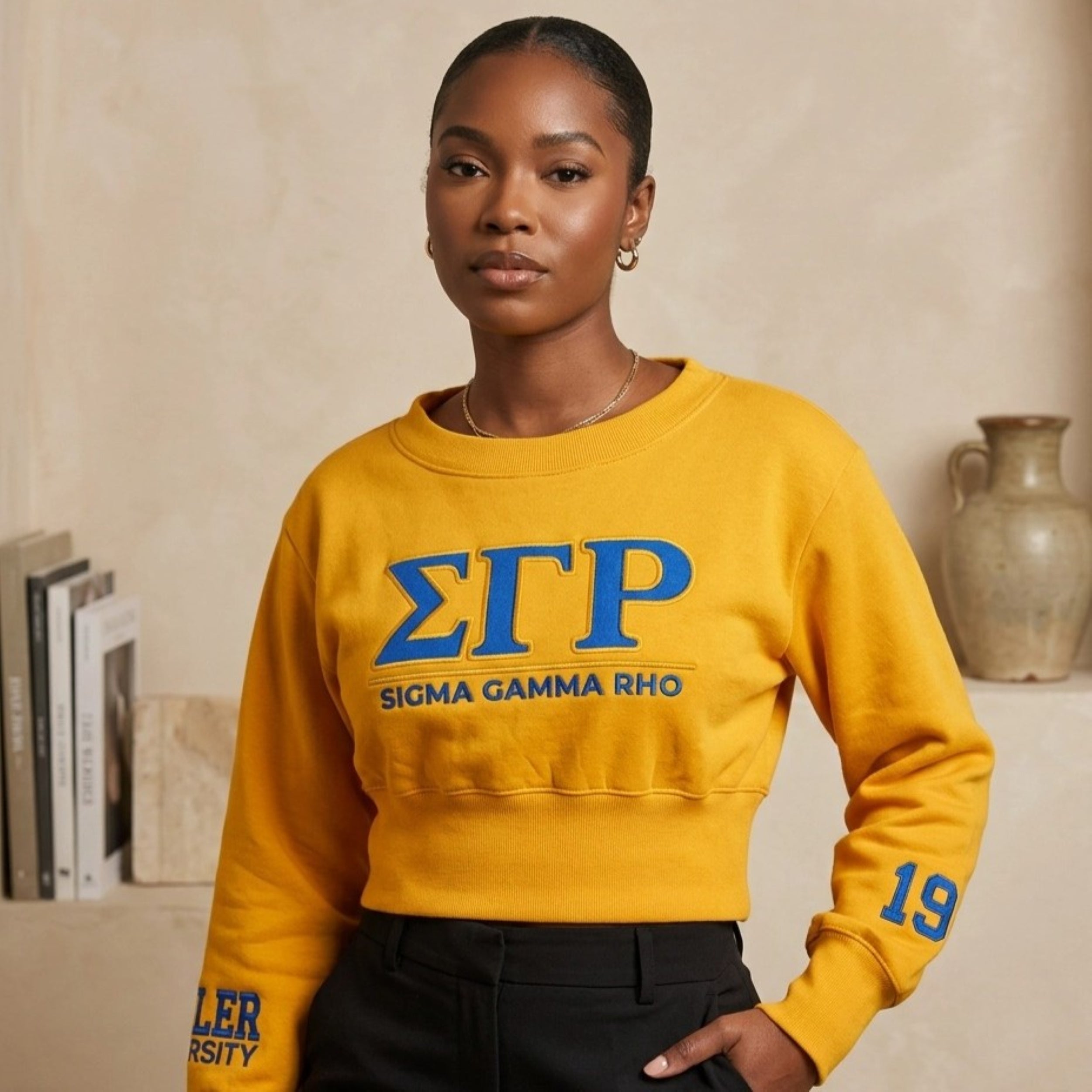 Sigma Gamma Rho Embroidered Patch Off-Shoulder Cropped Sweatshirt Gold