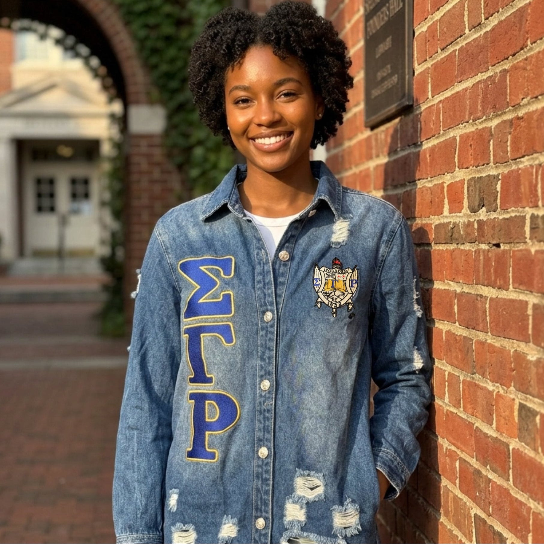 Sigma Gamma Rho Embroidered Letters Distressed Denim Jacket Winters Industries