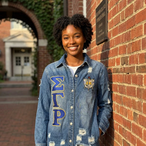 Sigma Gamma Rho Embroidered Letters Distressed Denim Jacket Winters Industries