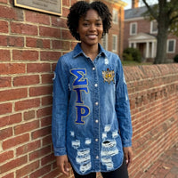 Sigma Gamma Rho Embroidered Letters Distressed Denim Jacket Winters Industries