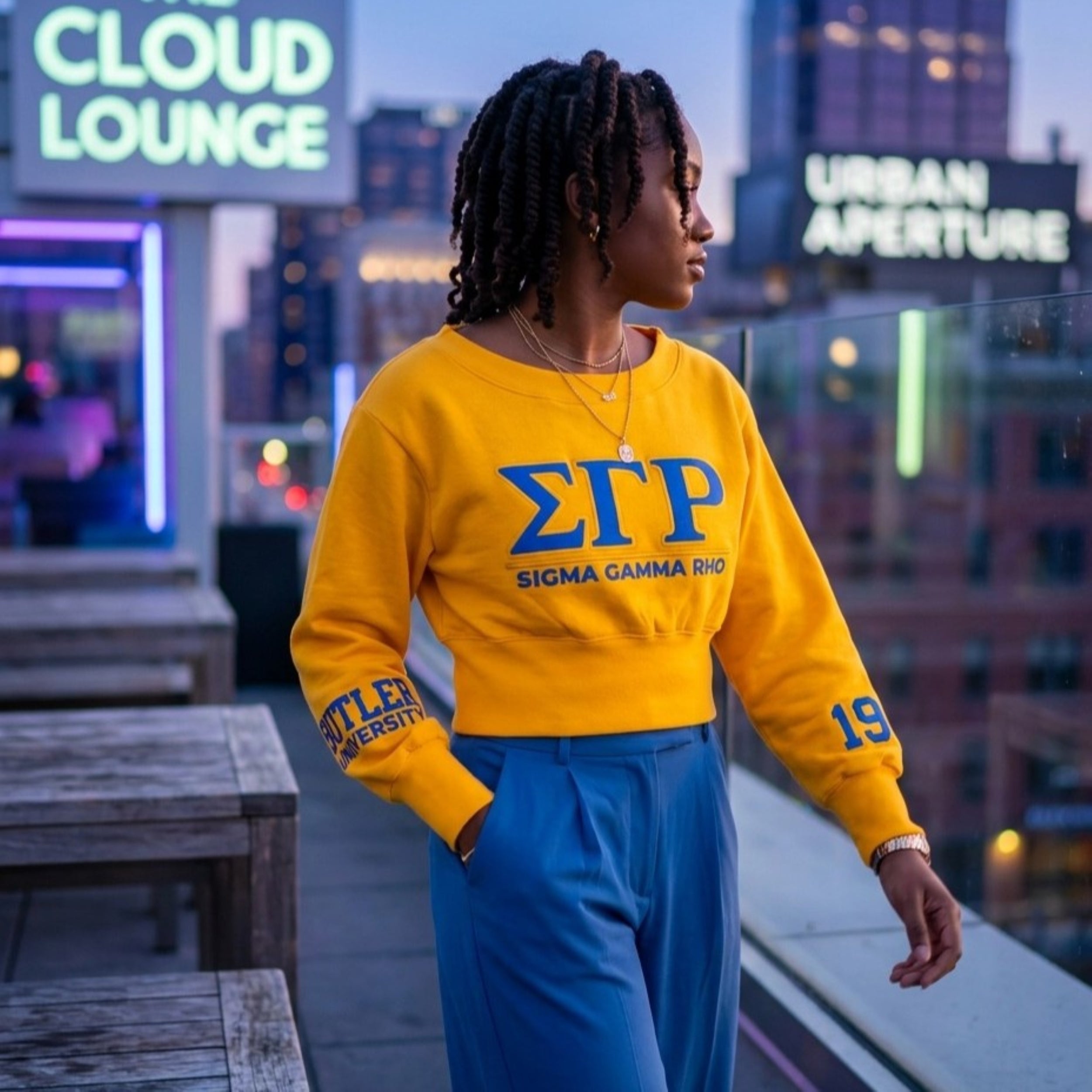Sigma Gamma Rho Embroidered Patch Off-Shoulder Cropped Sweatshirt Gold Winters Industries
