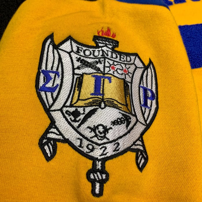 Sigma Gamma Rho Rhovember Nineteen 22 Chenille and Embroidered Sweatshirt (Gold/Blue)