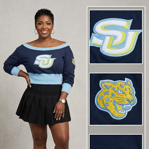 Southern University Embroidered Patch Off-Shoulder Cropped Sweatshirt Winters Industries