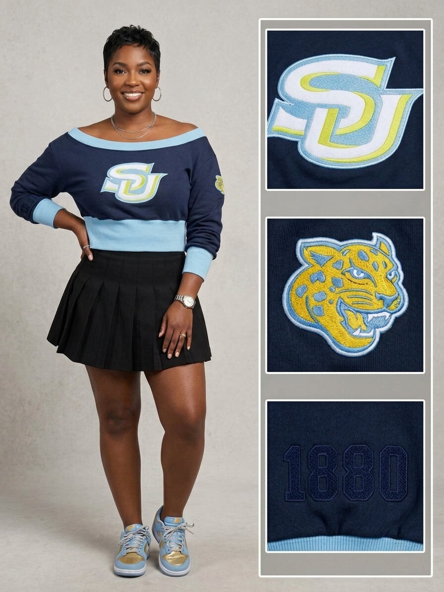 Southern University Embroidered Patch Off-Shoulder Cropped Sweatshirt Winters Industries