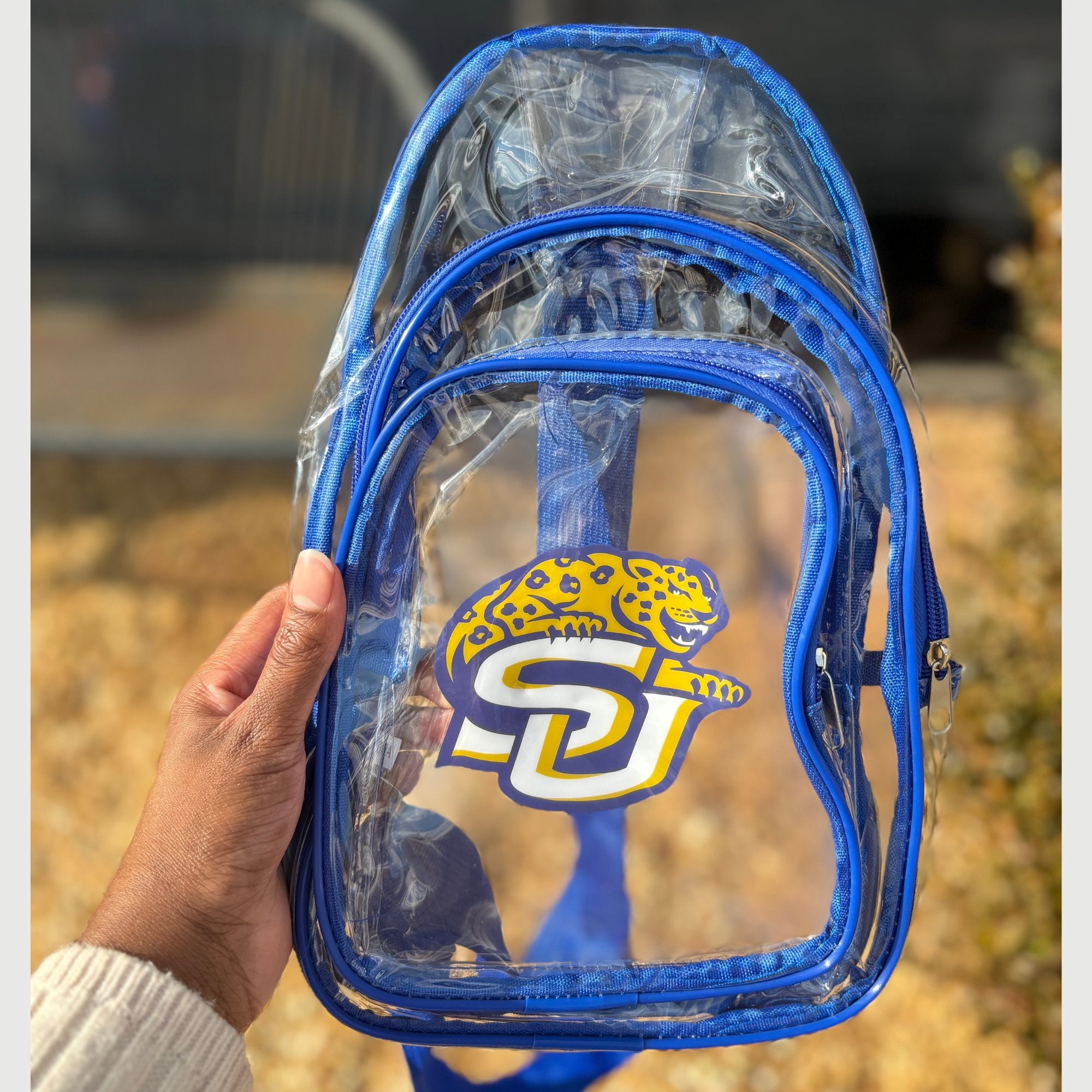 Southern University HBCU Clear Stadium Bag with Blue Trim Stadium Bag Winters Industries