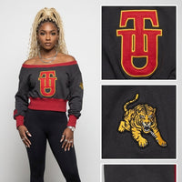Tuskegee University Embroidered Patch Off-Shoulder Cropped Sweatshirt Black Winters Industries
