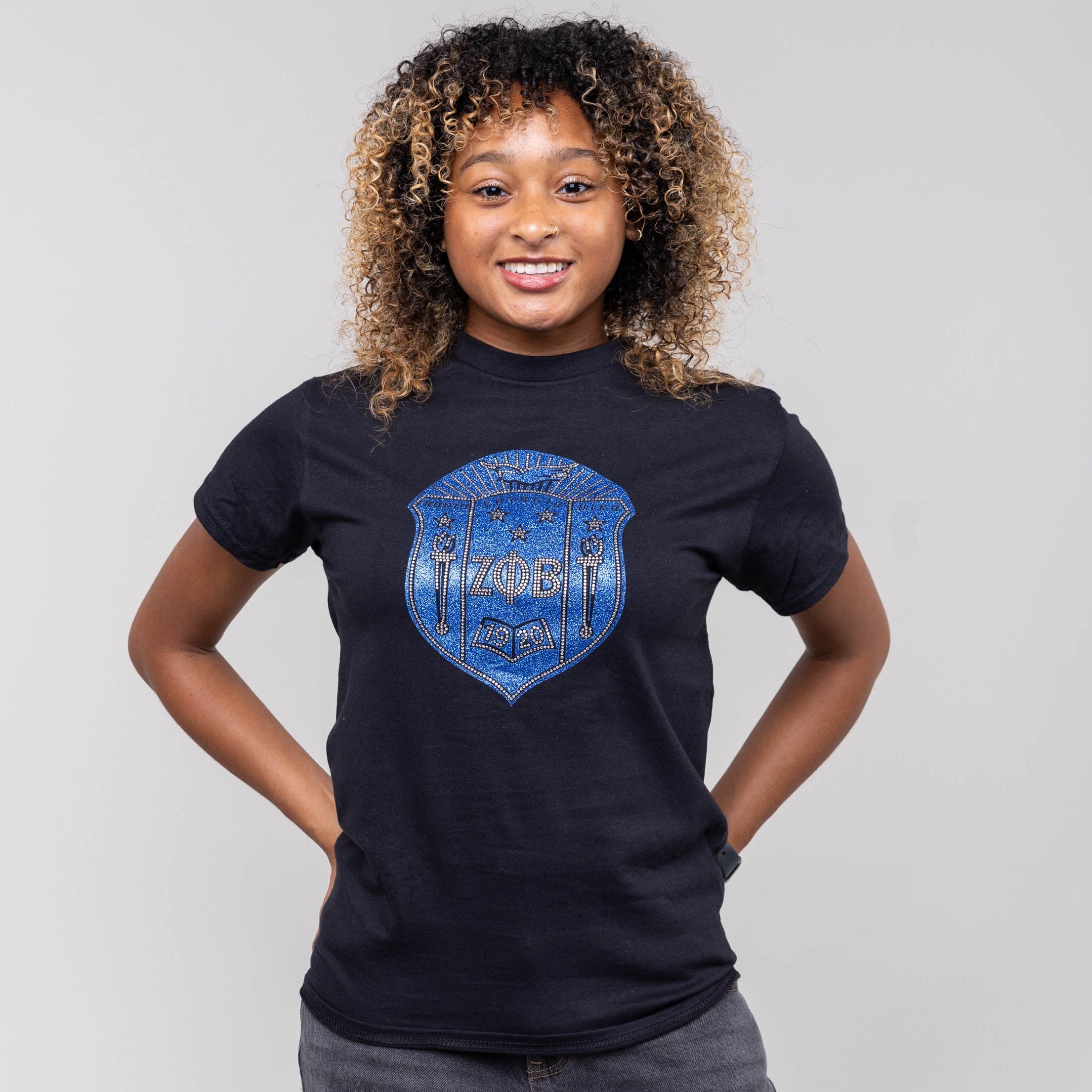 Zeta Phi Beta Bling and Glitter Shield Sweatshirt/T-Shirt WintersIndustries by Fully Promoted Mesquite S Black Crewneck T-shirt