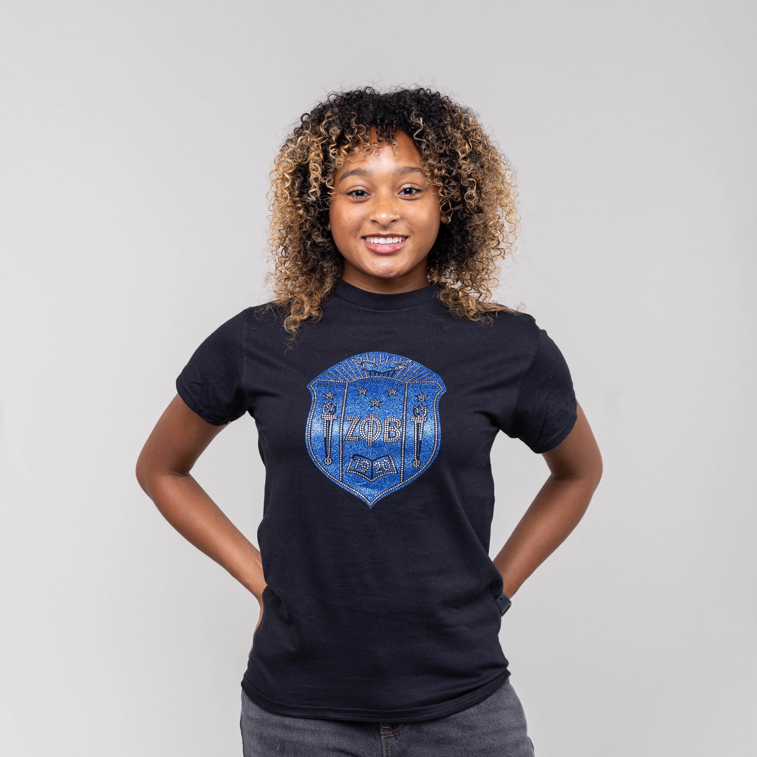 Zeta Phi Beta Bling and Glitter Shield Sweatshirt/T-Shirt WintersIndustries by Fully Promoted Mesquite S Black Crewneck T-shirt